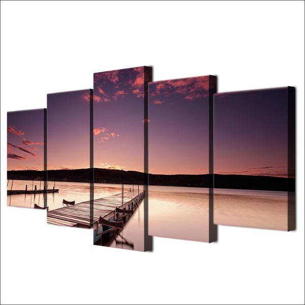 Pier Painting Wood Dock – Nature 5 Panel Canvas Art Wall Decor