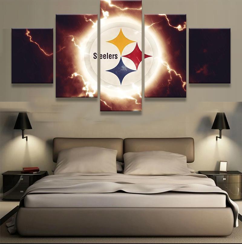 Pittsburgh Steelers Thunder Logo Football – 5 Panel Canvas Art Wall Decor