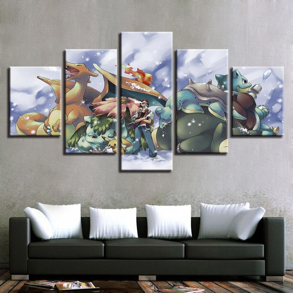 Pokemon Ash Ketchum Pikachu Bulbasaur Charmander Squirtle Anime – 5 Panel Canvas Art Wall Decor