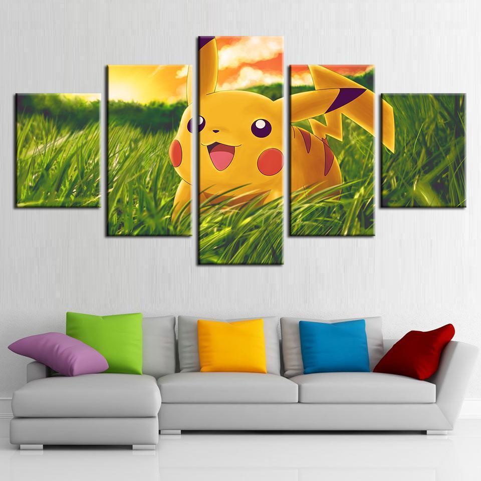 Pokemon Pikachu On Green Grass Anime – 5 Panel Canvas Art Wall Decor