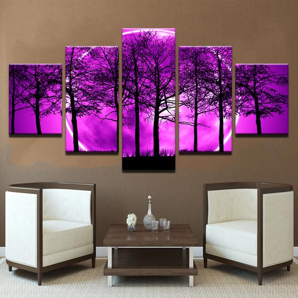 Purple Moon Night Psychedelic – Nature 5 Panel Canvas Art Wall Decor