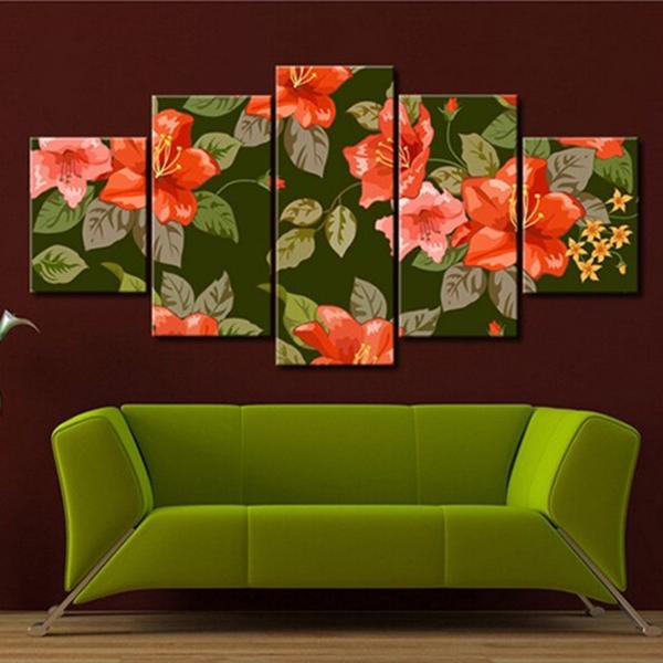 Red Flowers Green Leaves – Nature 5 Panel Canvas Art Wall Decor