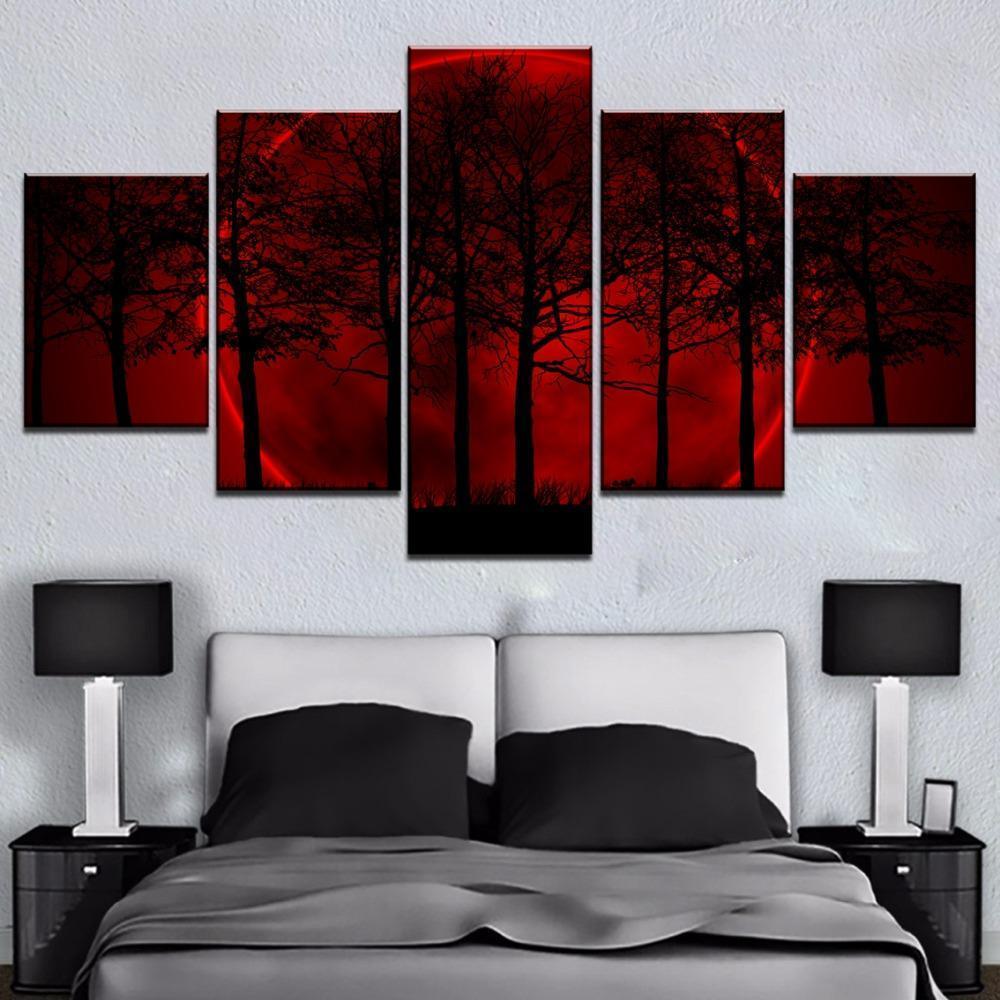 Red Moon Tree Forest Nature – 5 Panel Canvas Art Wall Decor