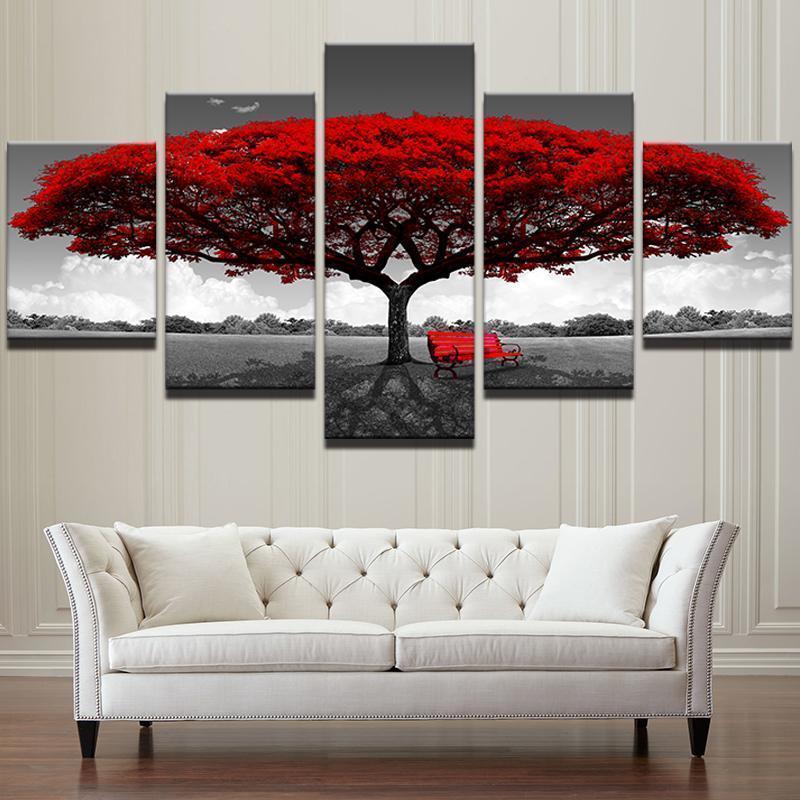 Red Tree Scenery Landscape Nature – 5 Panel Canvas Art Wall Decor