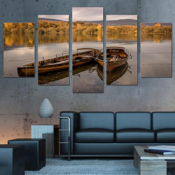 Row Boats In Lake At Evening – Nature 5 Panel Canvas Art Wall Decor