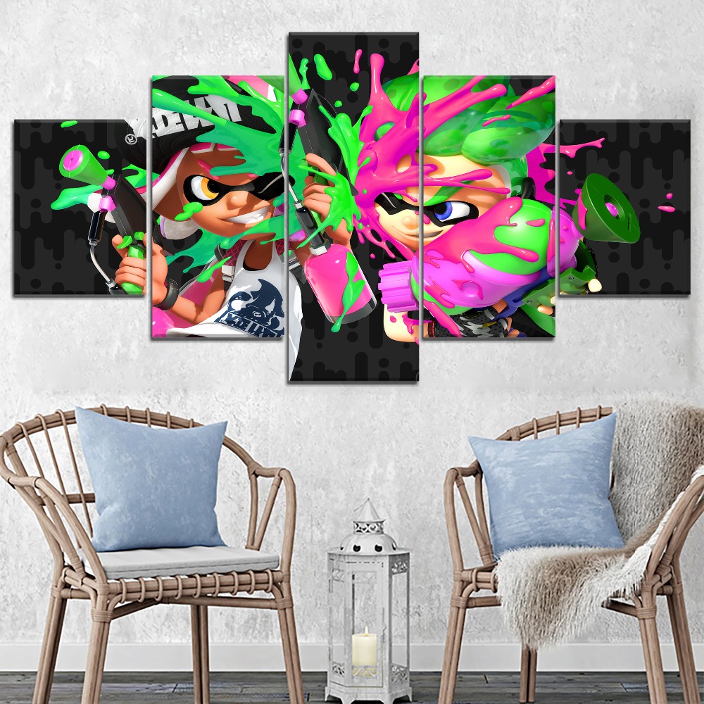 Splatoon 2 Colorful Characters Gaming – 5 Panel Canvas Art Wall Decor