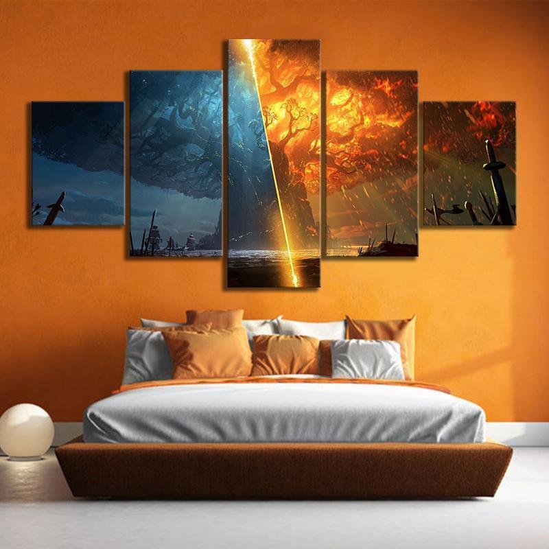The World Tree Fire/Ice World of Warcraft Gaming – 5 Panel Canvas Art Wall Decor