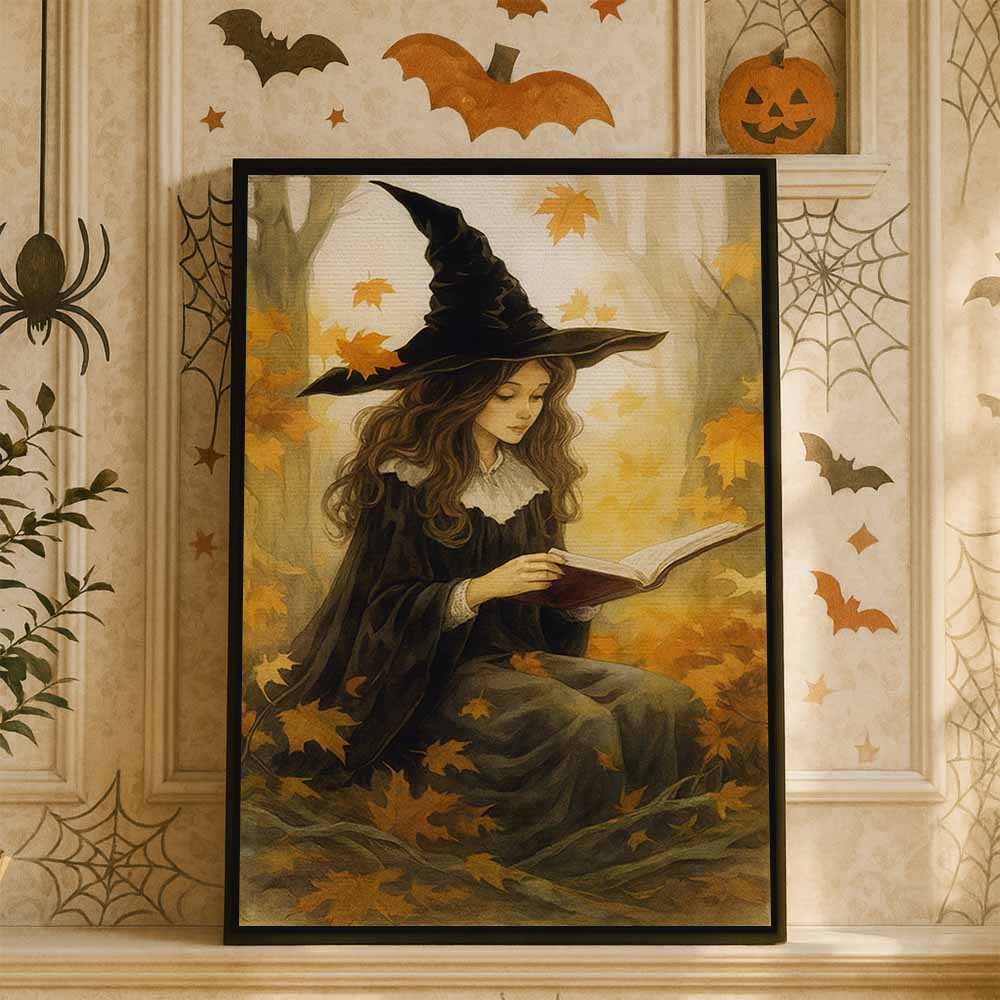 Autumn Witch Framed Canvas Wall Art, Wall Decor Halloween, Vintage Canvas
