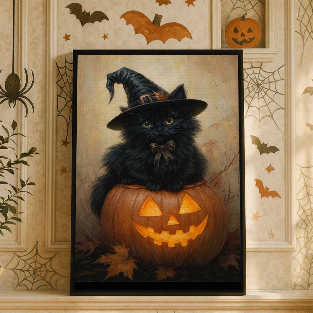 Black Cat Halloween Framed Canvas Wall Art, Wall Decor Halloween, Vintage Canvas