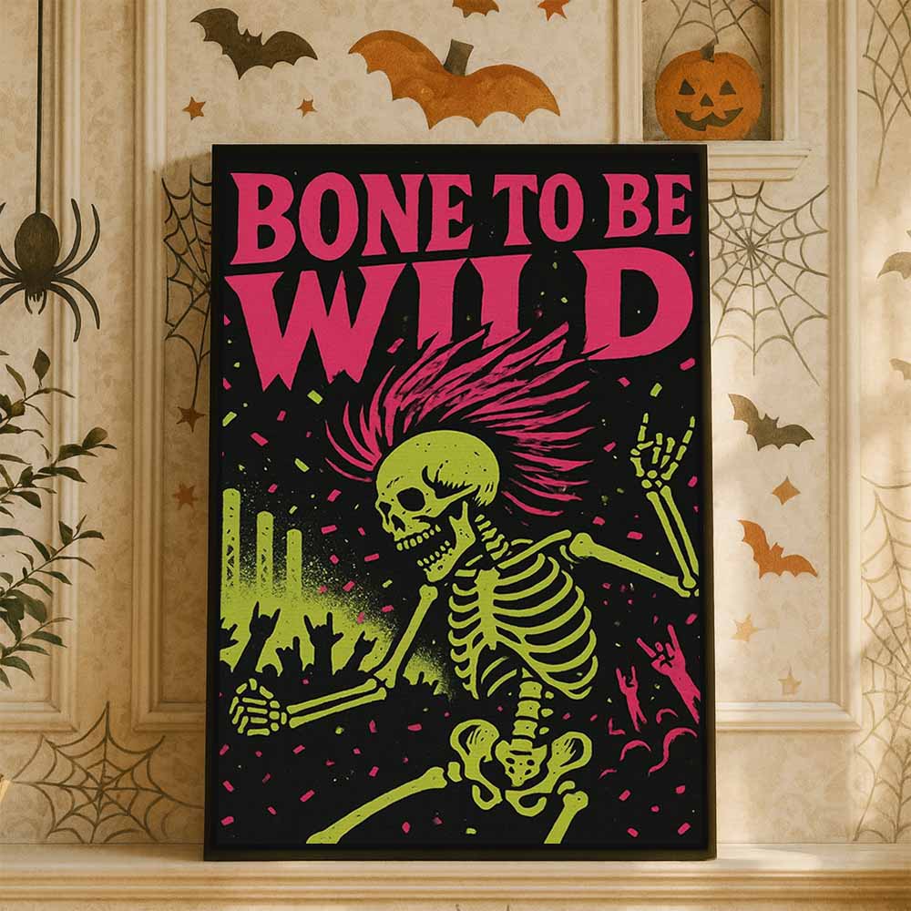 Bone To Be Wild Skeleton Framed Canvas Wall Art, Wall Decor Halloween, Vintage Canvas