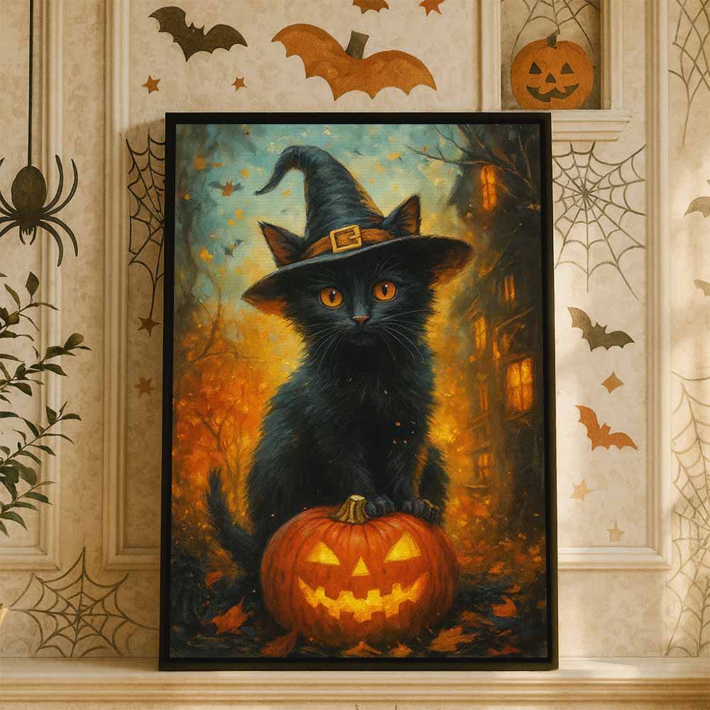 Cat On Pumpkin Framed Canvas Wall Art, Wall Decor Halloween, Vintage Canvas