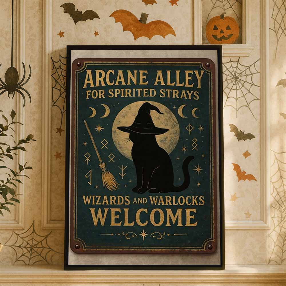 Cat Witch Welcome Framed Canvas Wall Art, Wall Decor Halloween, Vintage Canvas