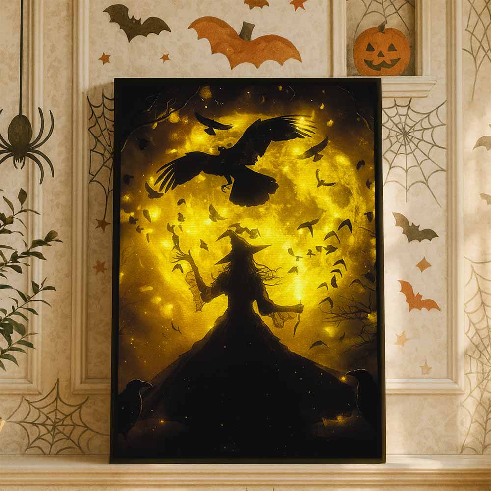 Cottage Earth Witch Framed Canvas Wall Art, Wall Decor Halloween, Vintage Canvas