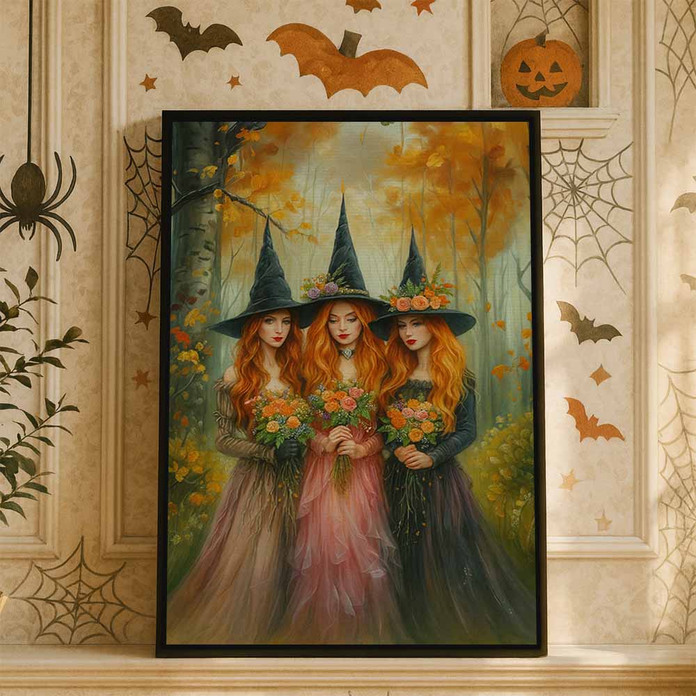 Cottage Three Young Witches In Forest Framed Canvas Wall Art, Wall Decor Halloween, Vintage Canvas