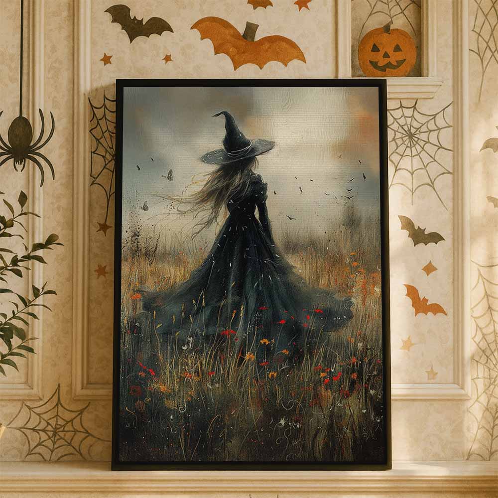 Cottage Witch In Flower Field Framed Canvas Wall Art, Wall Decor Halloween, Vintage Canvas