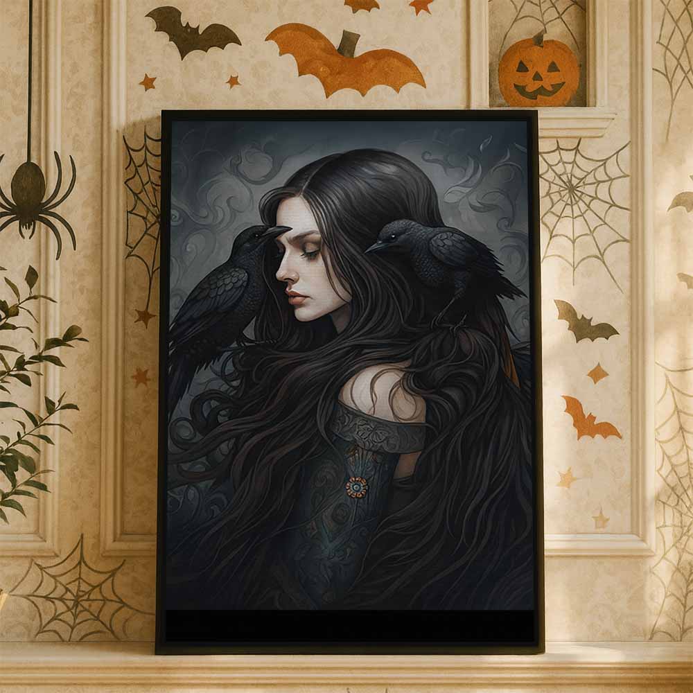 Crow Witch - Gothic Art Framed Canvas Wall Art, Wall Decor Halloween, Vintage Canvas