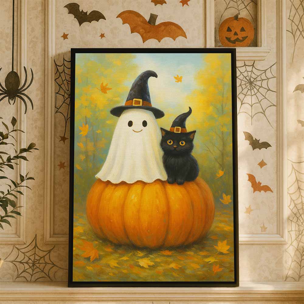 Cute Ghost And Black Cat In Dark Forest Framed Canvas Wall Art, Wall Decor Halloween, Vintage Canvas