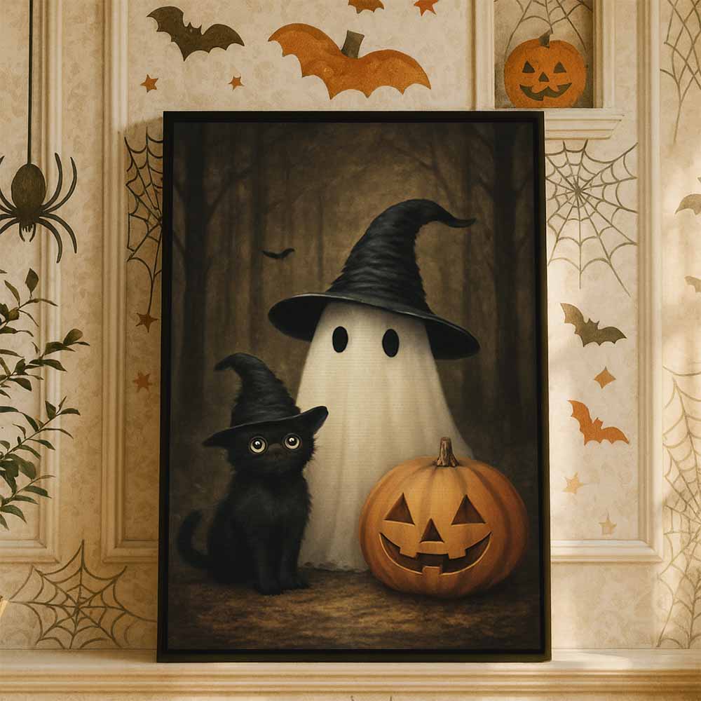 Cute Ghost And Black Cat Framed Canvas Wall Art, Wall Decor Halloween, Vintage Canvas