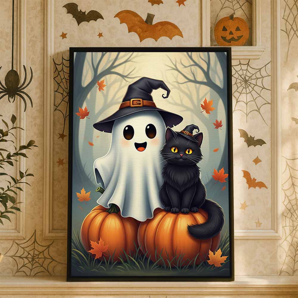 Cute Ghost And Cat Halloween Framed Canvas Wall Art, Wall Decor Halloween, Vintage Canvas