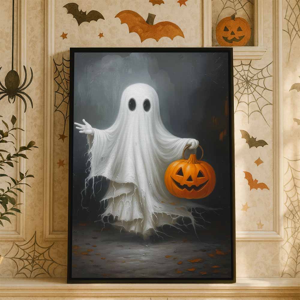 Cute Ghost Hold A Pumpkin Framed Canvas Wall Art, Wall Decor Halloween, Vintage Canvas