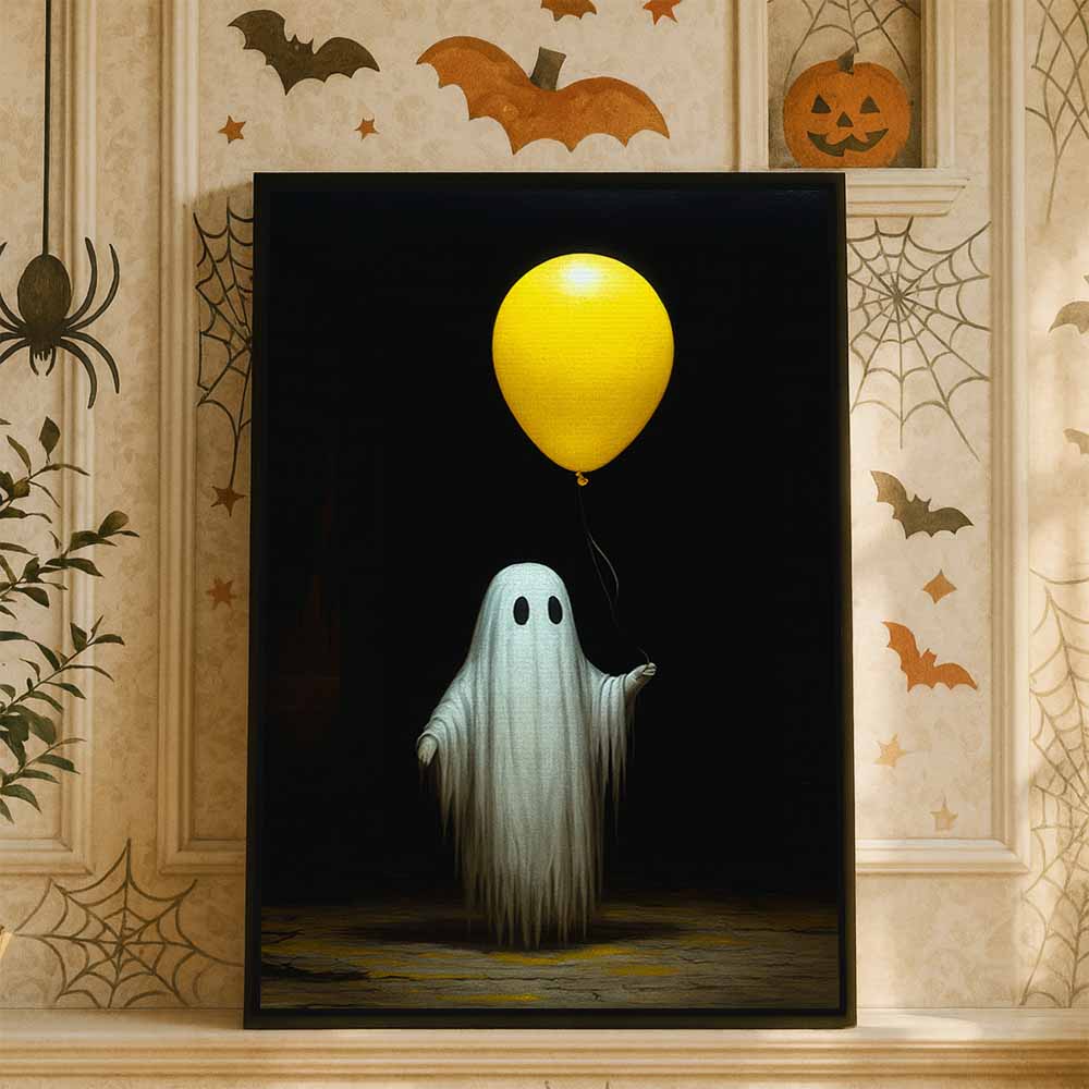 Cute Ghost Hold Balloon Framed Canvas Wall Art, Wall Decor Halloween, Vintage Canvas