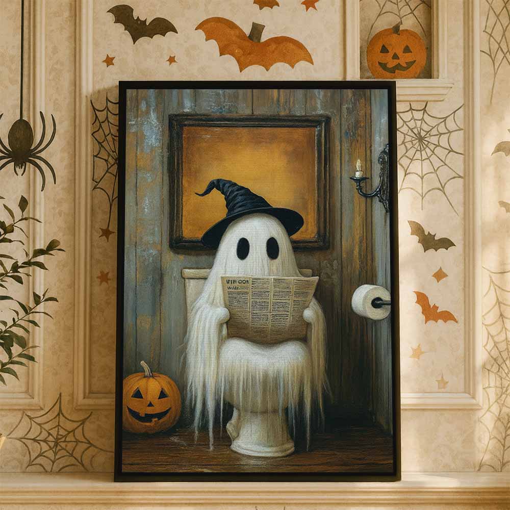 Cute Ghost On The Toilet 2 Framed Canvas Wall Art, Wall Decor Halloween, Vintage Canvas