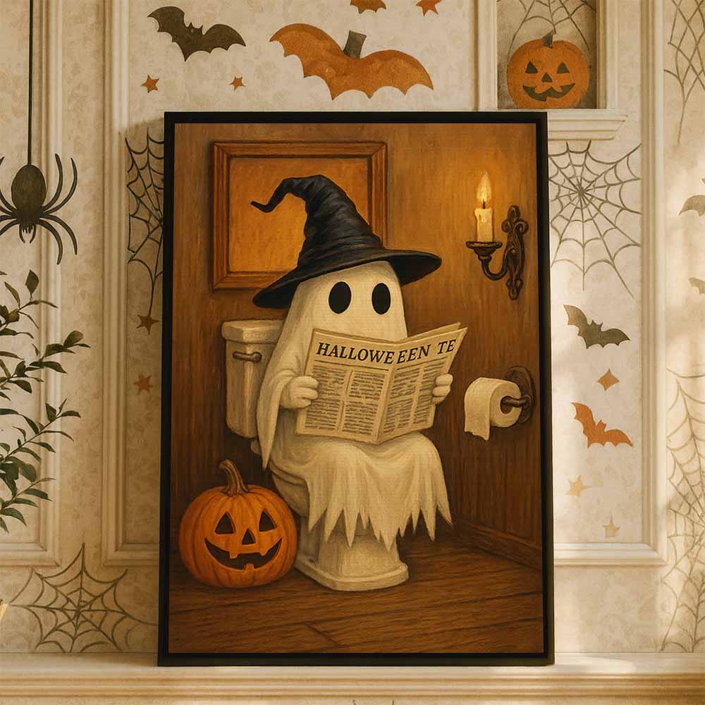 Cute Ghost On The Toilet Framed Canvas Wall Art, Wall Decor Halloween, Vintage Canvas
