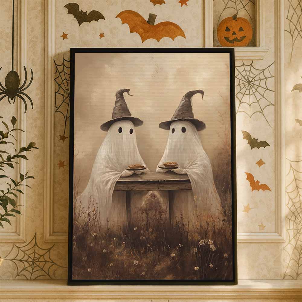 Cute Ghosts Picnic In Wildflower Field Framed Canvas Wall Art, Wall Decor Halloween, Vintage Canvas
