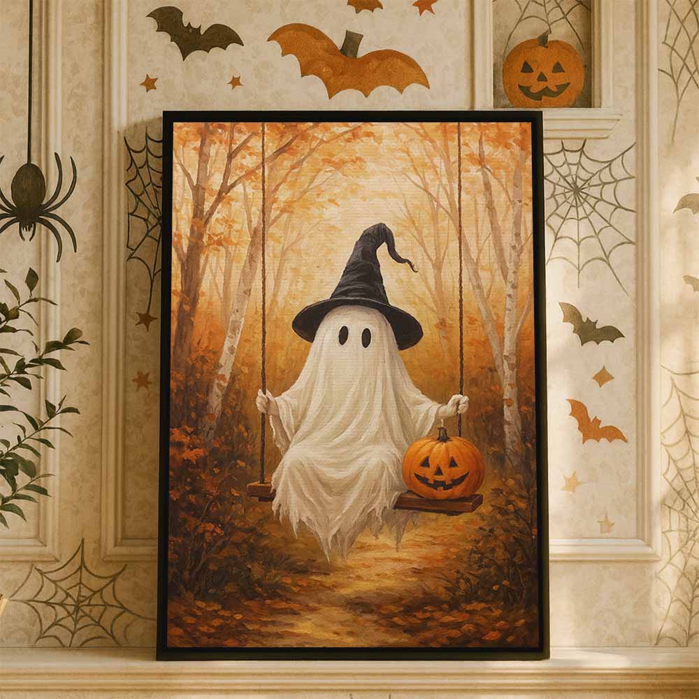 Cute Halloween Ghost On The Swing Framed Canvas Wall Art, Wall Decor Halloween, Vintage Canvas