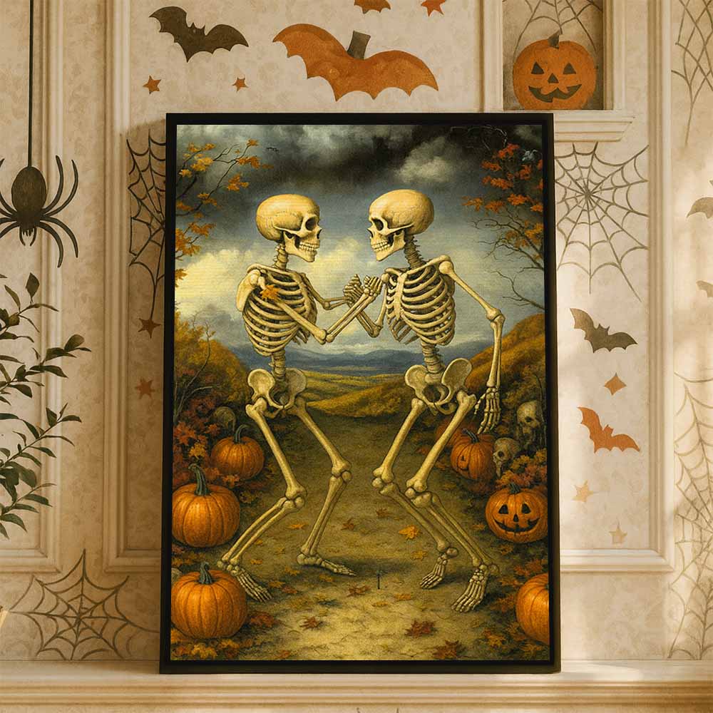 Dancing Skeletons Framed Canvas Wall Art, Wall Decor Halloween, Vintage Canvas