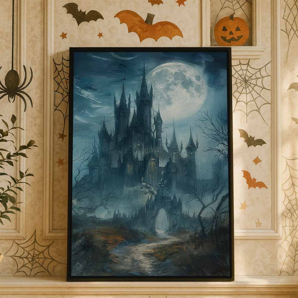 Dark Haunted Dracula Castle Framed Canvas Wall Art, Wall Decor Halloween, Vintage Canvas