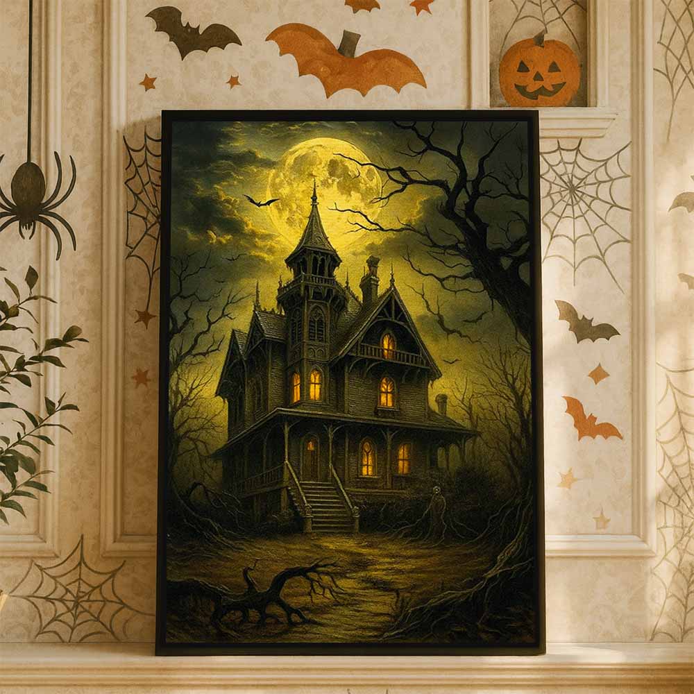 Dark Haunted Witchy Castle Framed Canvas Wall Art, Wall Decor Halloween, Vintage Canvas