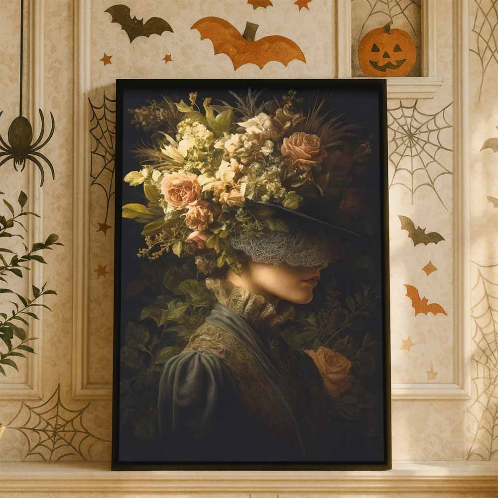 Dark Romantic Woman Framed Canvas Wall Art, Wall Decor Halloween, Vintage Canvas