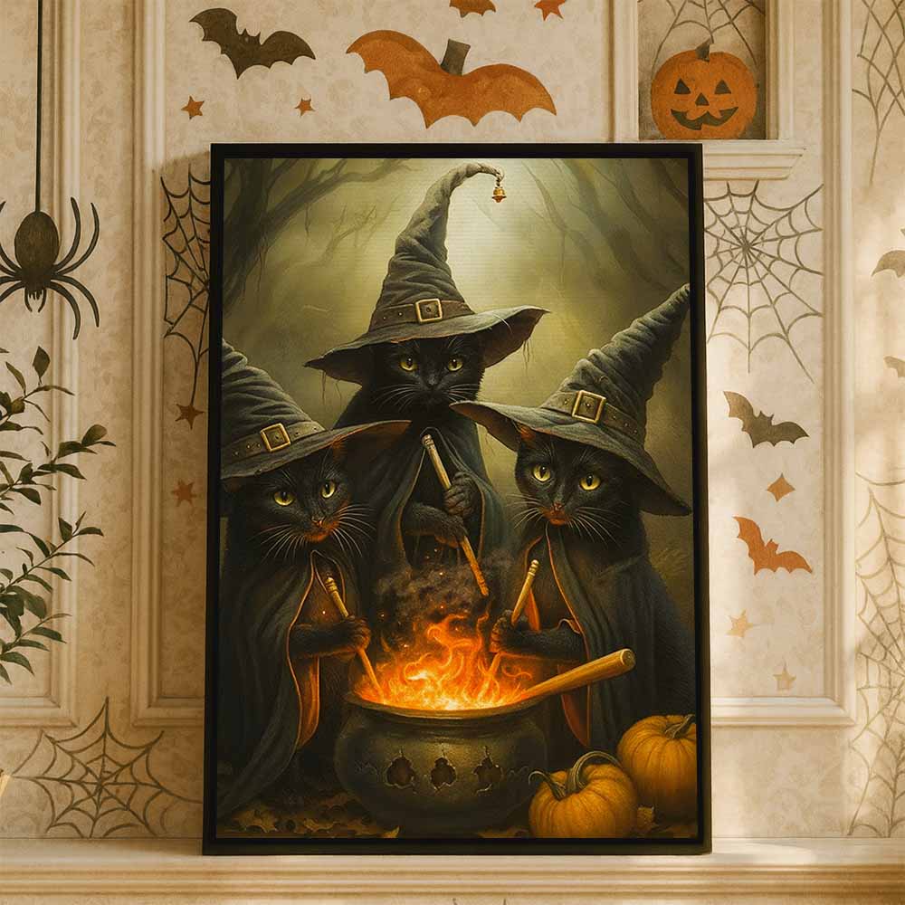 Dark Three Black Cats Witch Hocus Pocus Framed Canvas Wall Art, Wall Decor Halloween, Vintage Canvas