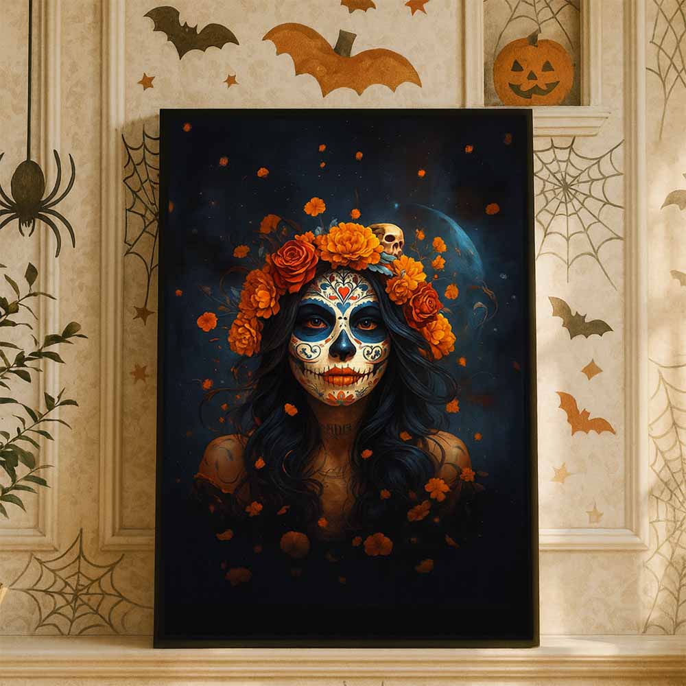 Day Of The Dead Sugar Skull Woman Framed Canvas Wall Art, Wall Decor Halloween, Vintage Canvas