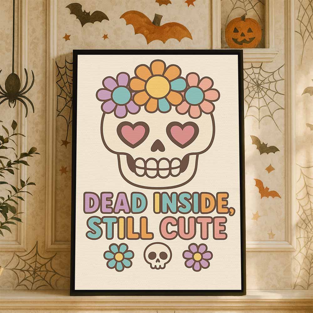 Dead Inside Still Cute Framed Canvas Wall Art, Wall Decor Halloween, Vintage Canvas