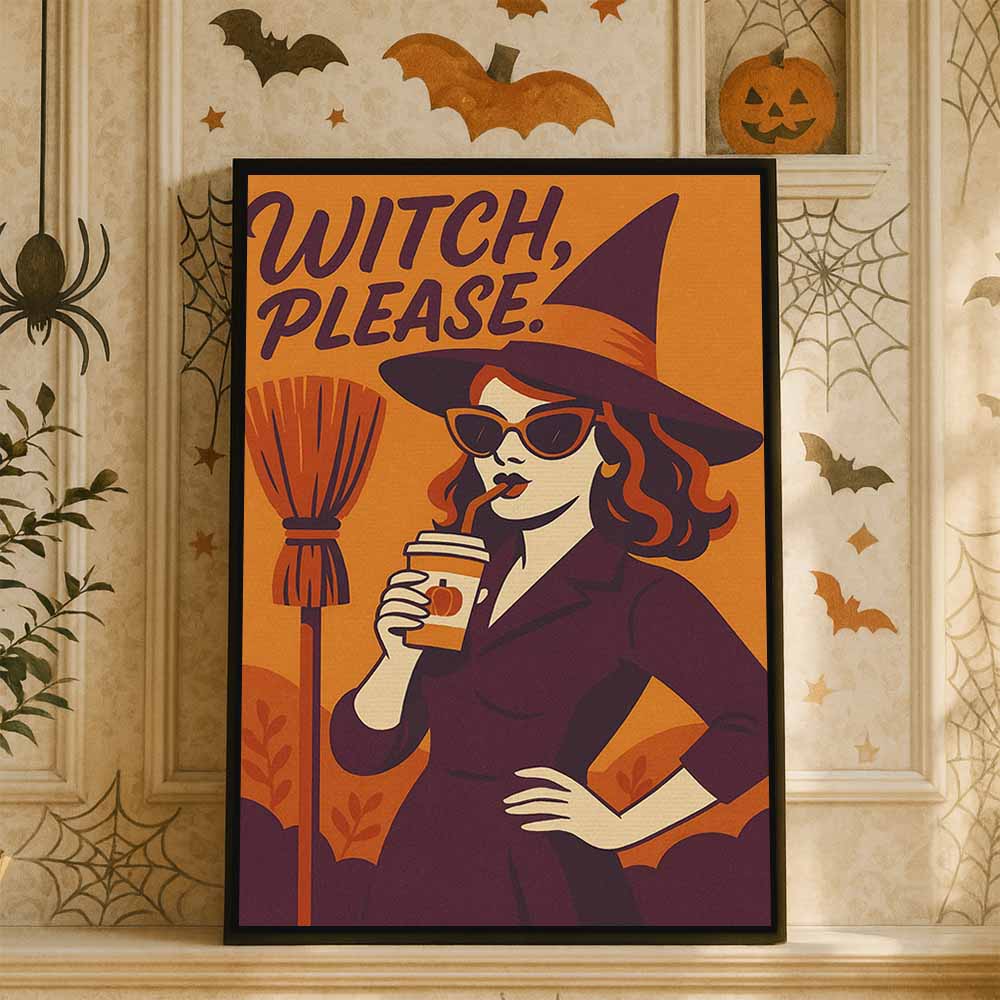 Funny Retro - Witch Please Framed Canvas Wall Art, Wall Decor Halloween, Vintage Canvas