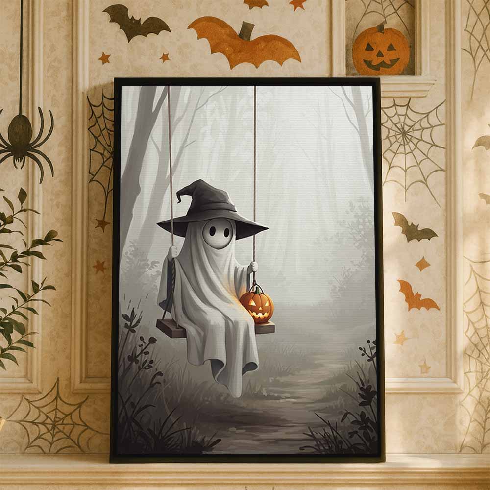 Ghost On Swing With Pumpkin Framed Canvas Wall Art, Wall Decor Halloween, Vintage Canvas