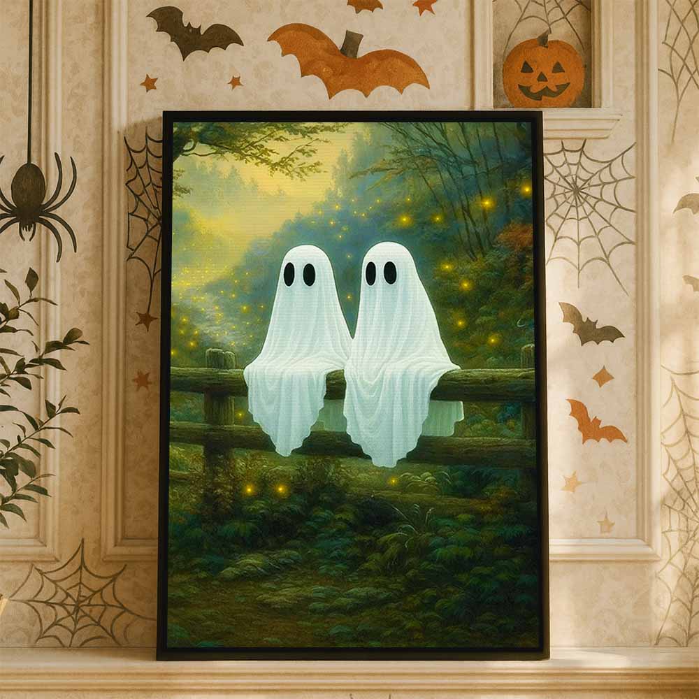 Ghost Watching Fireflies At Night Framed Canvas Wall Art, Wall Decor Halloween, Vintage Canvas