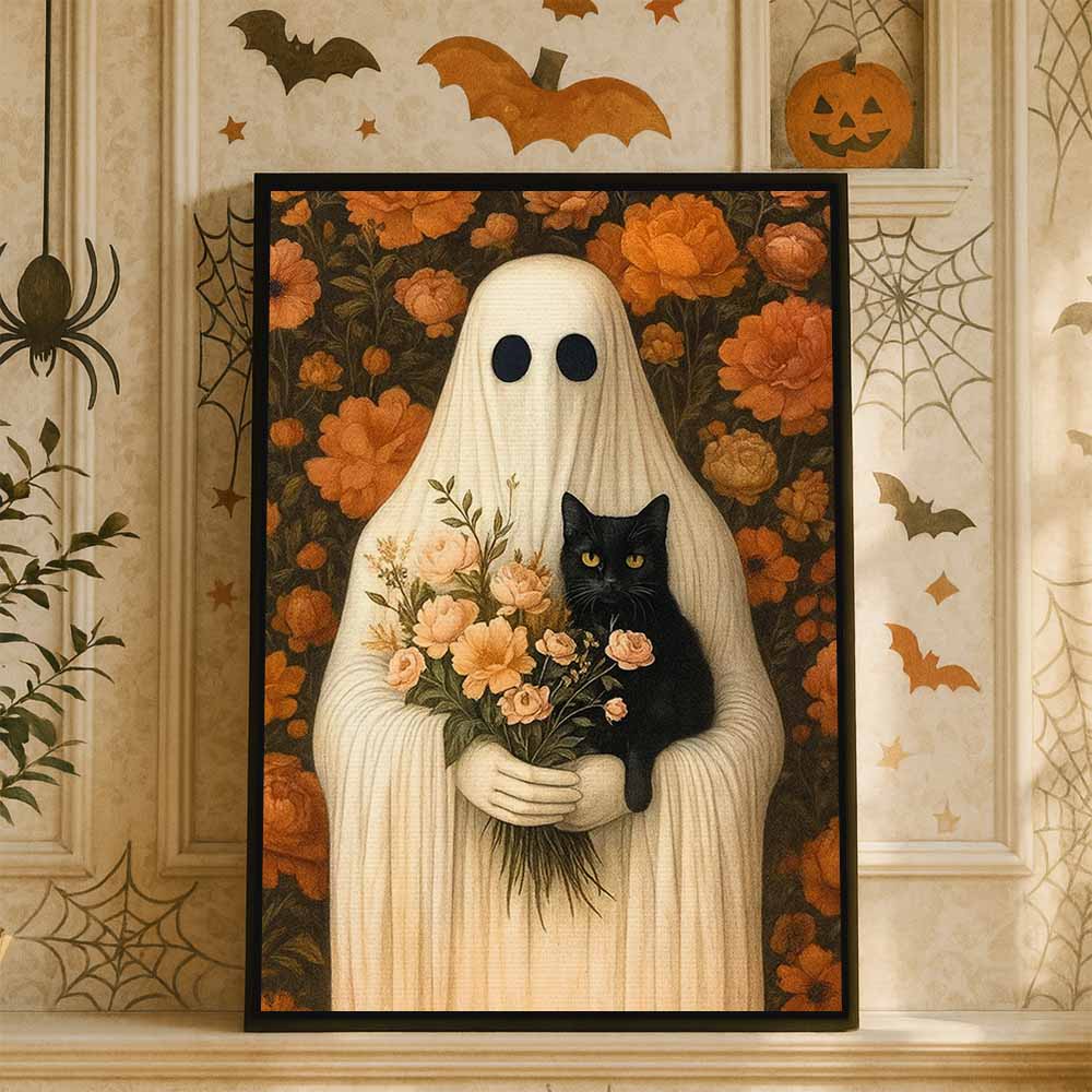 Ghost With Cat Framed Canvas Wall Art, Wall Decor Halloween, Vintage Canvas