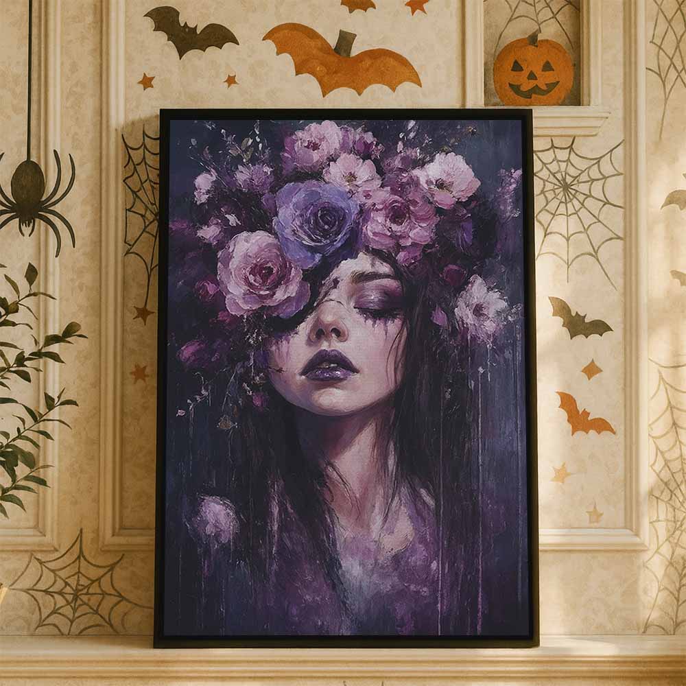 Girl With Purple Flowers Framed Canvas Wall Art, Wall Decor Halloween, Vintage Canvas