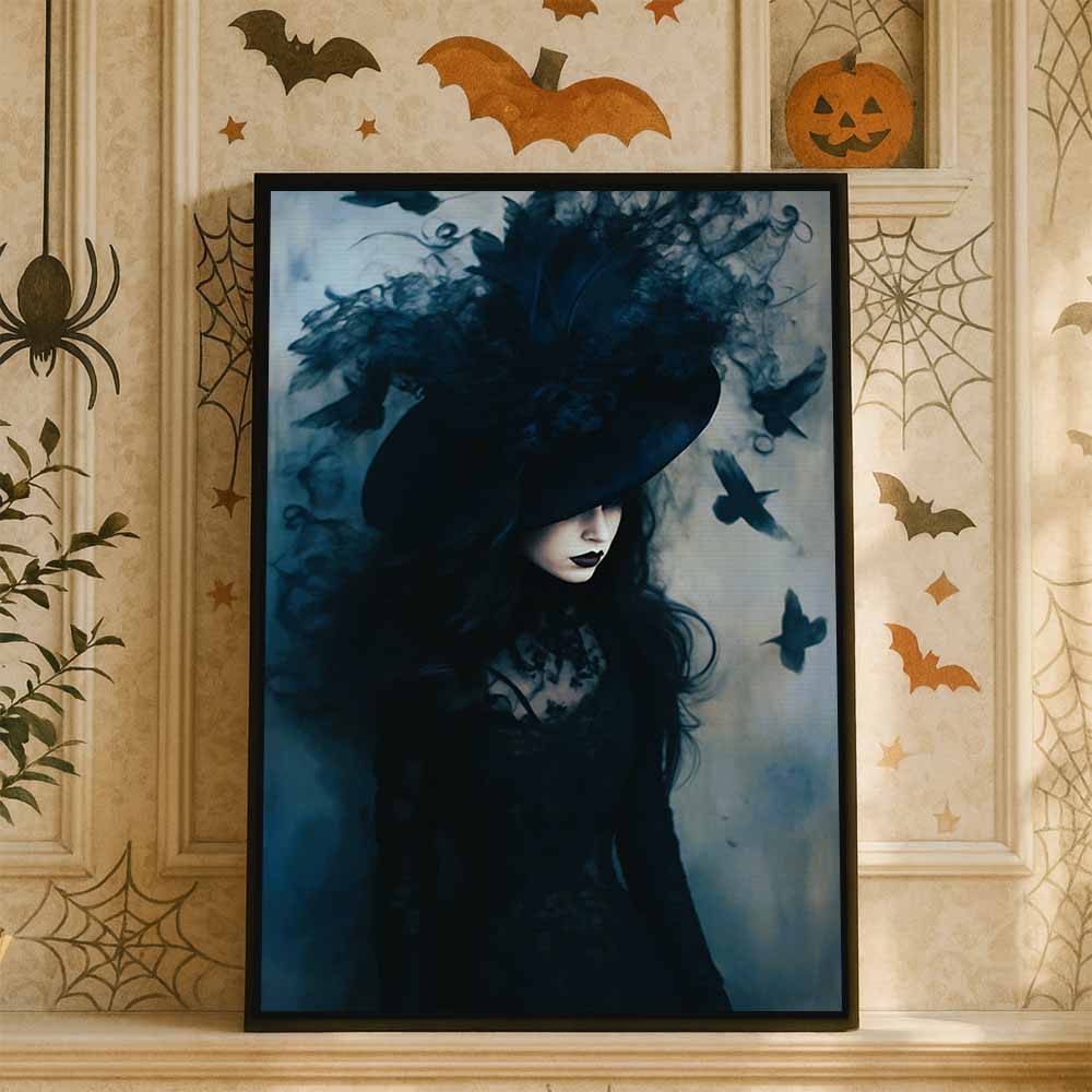 Gothic Witch And Raven Framed Canvas Wall Art, Wall Decor Halloween, Vintage Canvas