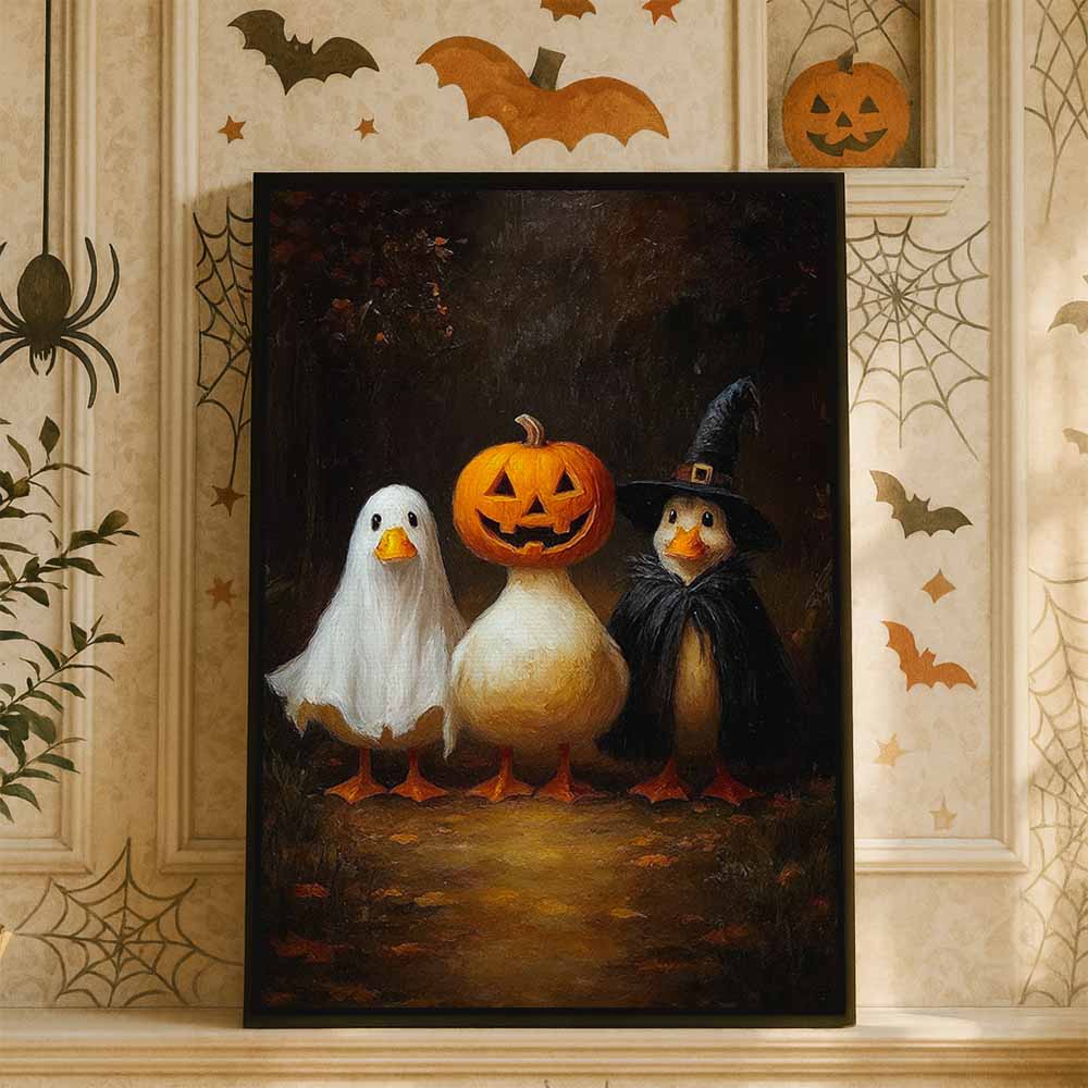 Halloween Ducks In Costumes Framed Canvas Wall Art, Wall Decor Halloween, Vintage Canvas