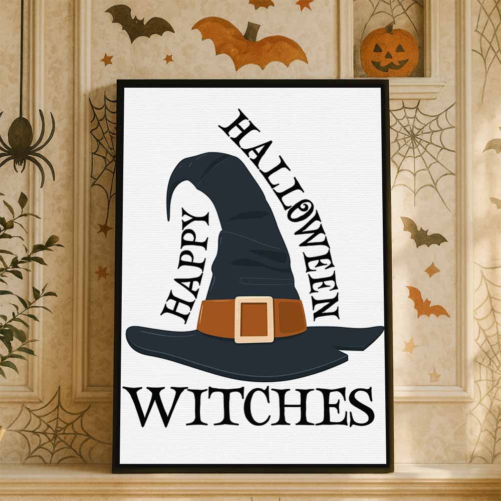 Happy Halloween Witches Framed Canvas Wall Art, Wall Decor Halloween, Vintage Canvas