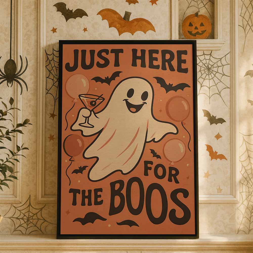 Just Here For The Boos Ghost Framed Canvas Wall Art, Wall Decor Halloween, Vintage Canvas