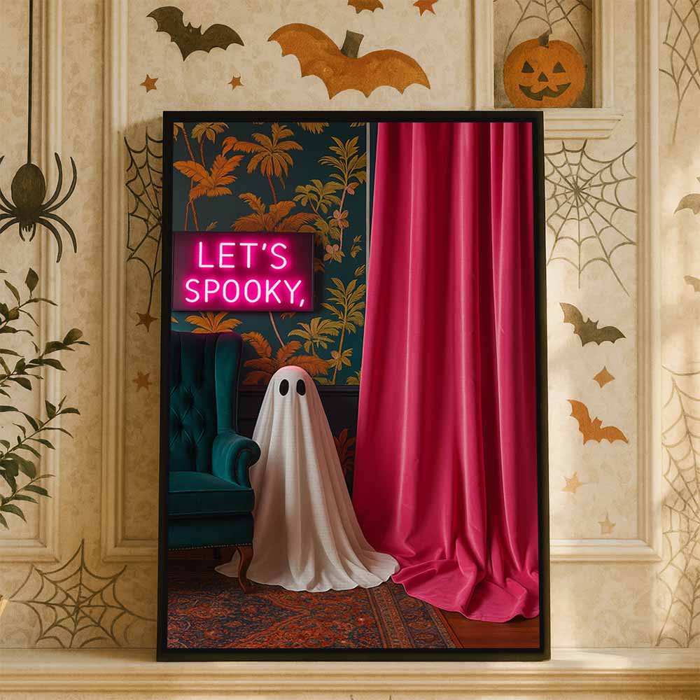 Let's Spooky Ghost Framed Canvas Wall Art, Wall Decor Halloween, Vintage Canvas