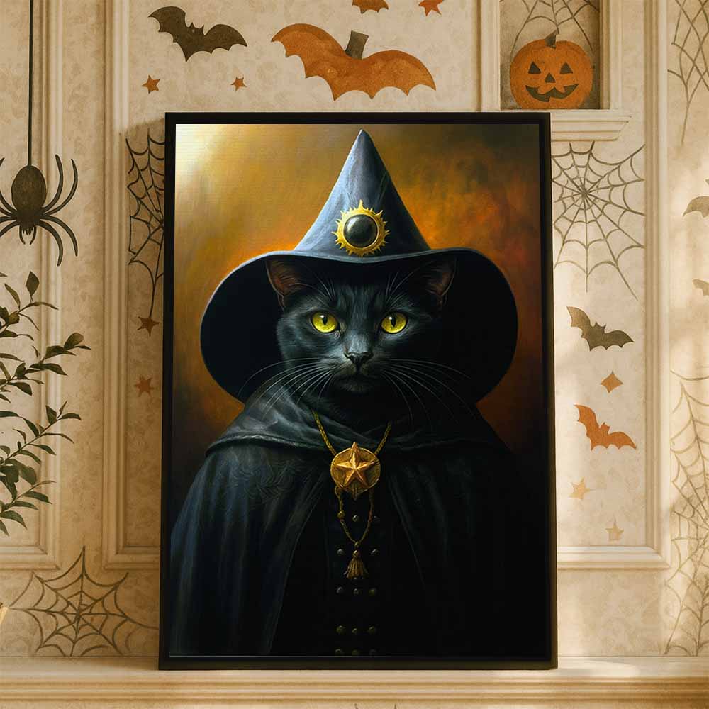 Magic Cat Witch Framed Canvas Wall Art, Wall Decor Halloween, Vintage Canvas