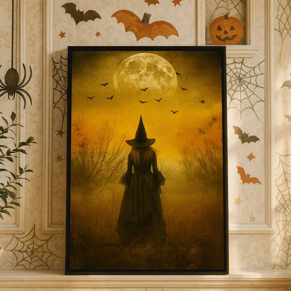 Moon Witch Framed Canvas Wall Art, Wall Decor Halloween, Vintage Canvas