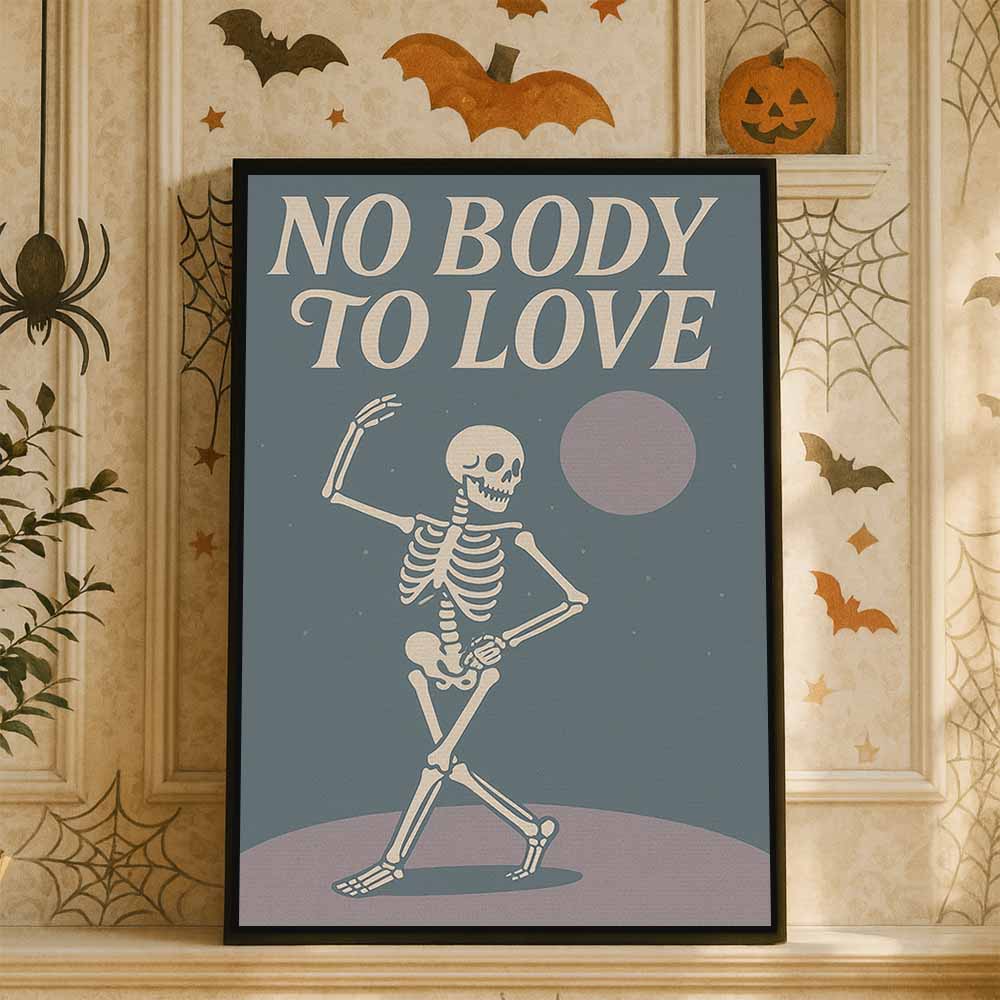 No Body To Love Skeleton Framed Canvas Wall Art, Wall Decor Halloween, Vintage Canvas
