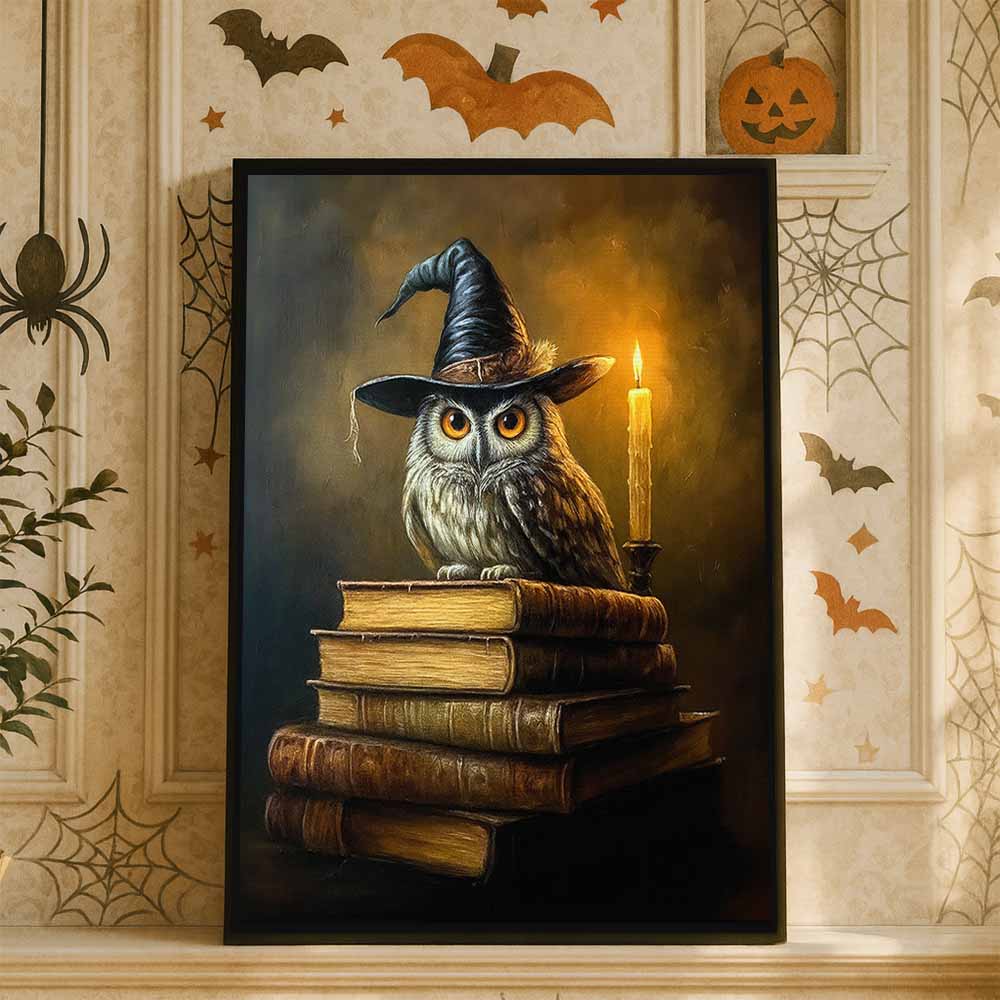 Owl And Books Framed Canvas Wall Art, Wall Decor Halloween, Vintage Canvas